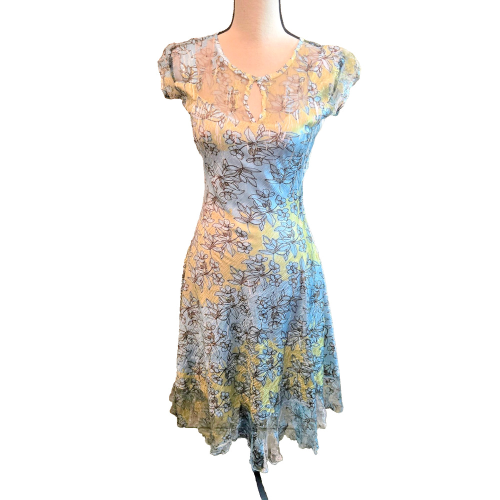 Komarov Blue Yellow Floral Crinkle Chiffon Flutter Fairy Whimsical Dress S